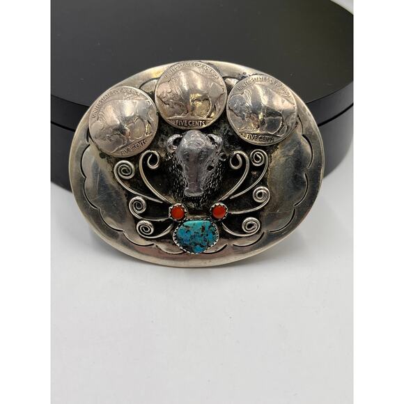 Squaw Wrap Vintage Native American Turquoise Coral Buffalo Nickel Belt Buckle - Picture 4 of 8